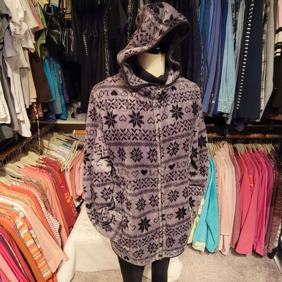 NO BOUNDARIES Plush Black 'n Gray LOVE 🖤's 'n Snowflakes Zip Hoodie Jacket XXL - Picture 9 of 11